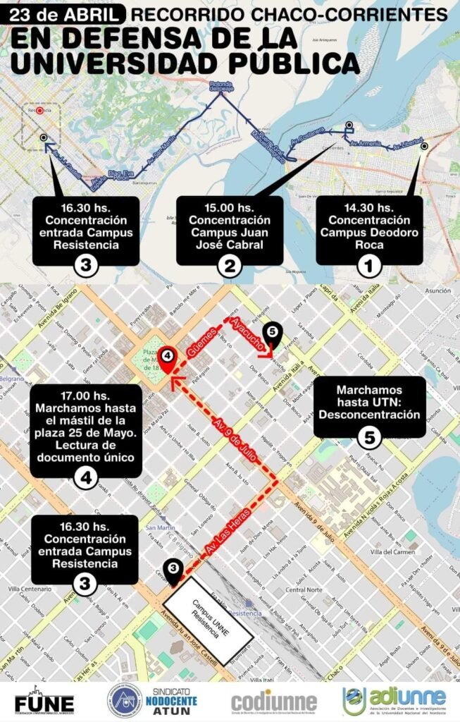 • Docentes, no docentes, investigadores, graduados, estudiantes y autoridades de la Universidad Nacional del Nordeste se movilizarán el próximo martes 23 de abril en defensa de la universidad pública, ante el desfinanciamiento que vienen sufriendo las instituciones argentinas y hace peligrar su normal funcionamiento. 

• Una caravana saldrá desde Corrientes y unirá las dos provincias donde se asienta la UNNE.

• En Resistencia se agruparán las columnas para marchar en línea con el reclamo que esa tarde se hará sentir en todo el país.